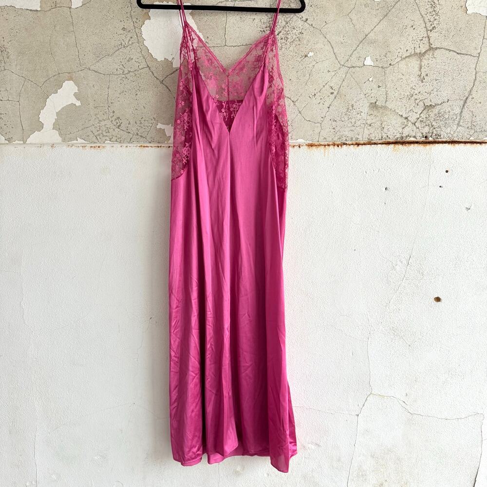 Vtg Maxi Slip Dress Hot Pink Lace 90s Nylon Lingerie Nightgown Coquette Womens M